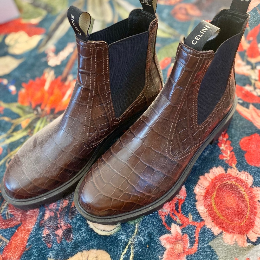 Celine Dark Brown Crocodile-Embossed Men's Boots